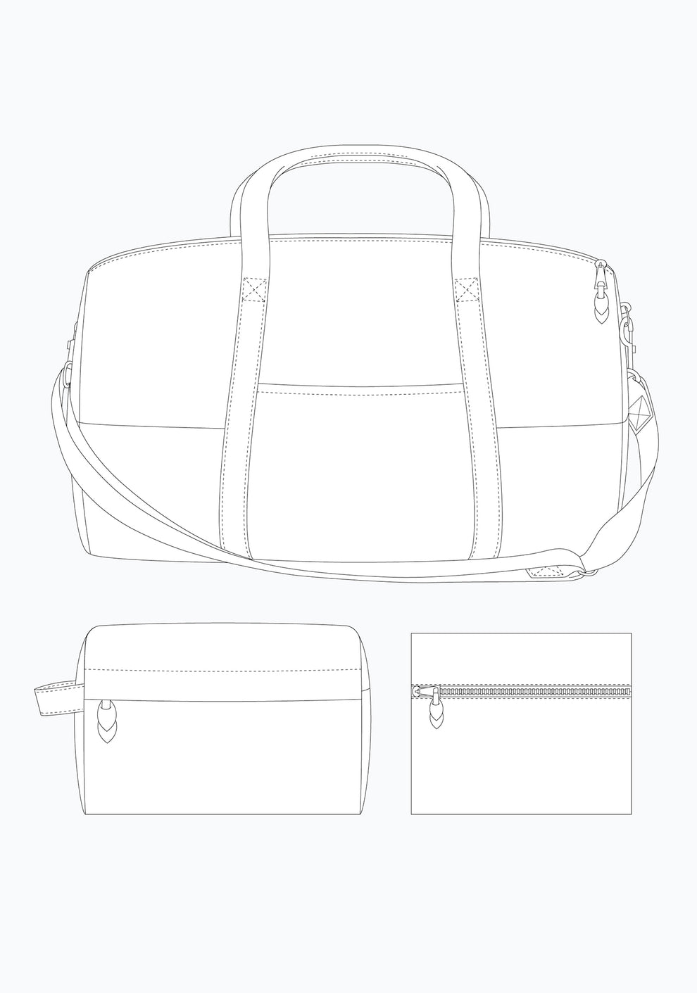 Line drawing of Portside duffle bag, dopp kit, and zippered pouch with handles, shoulder strap, and zipper closures.
