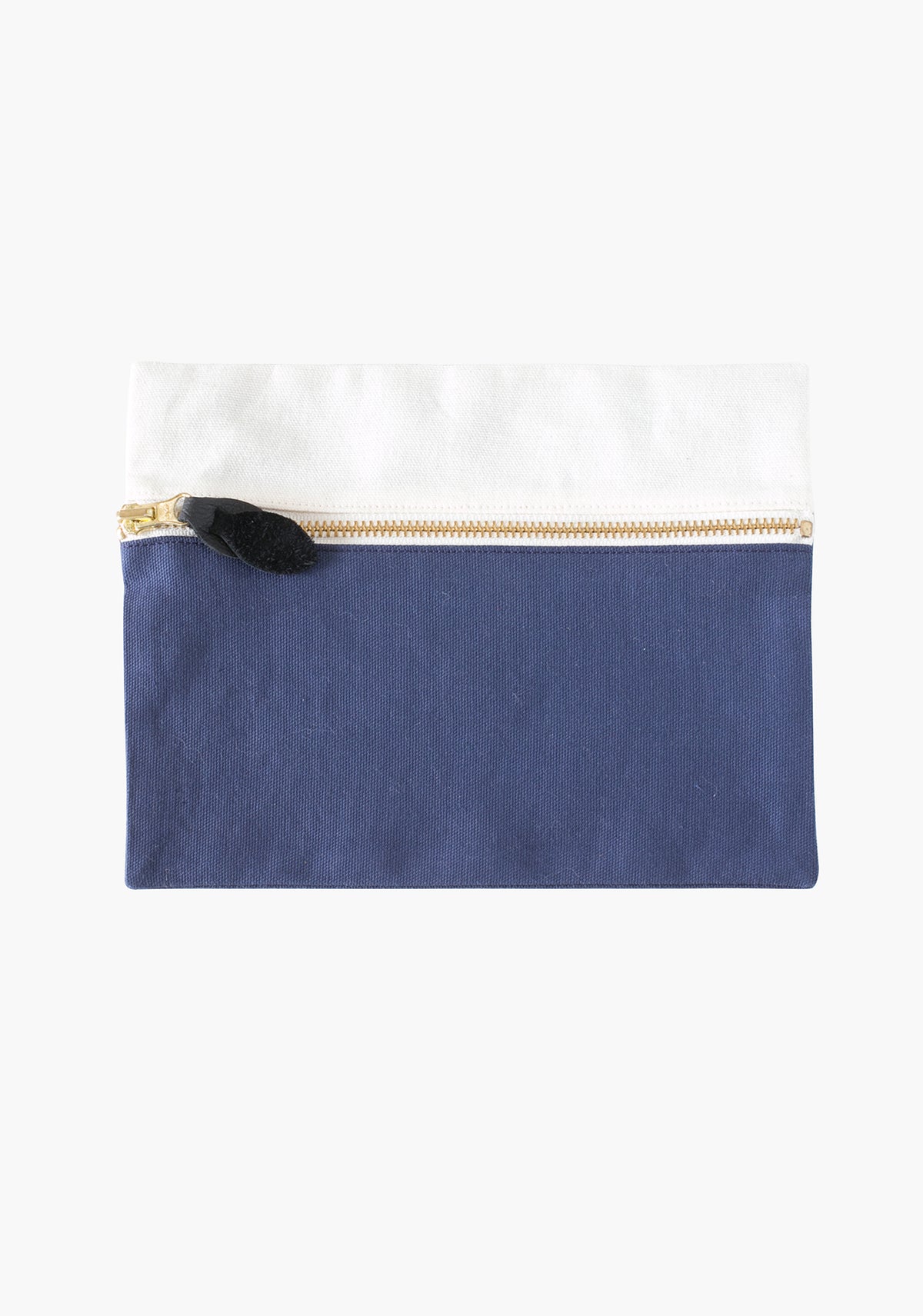 Flat lay of Portside zip pouch in blue and natural canvas with gold zipper.