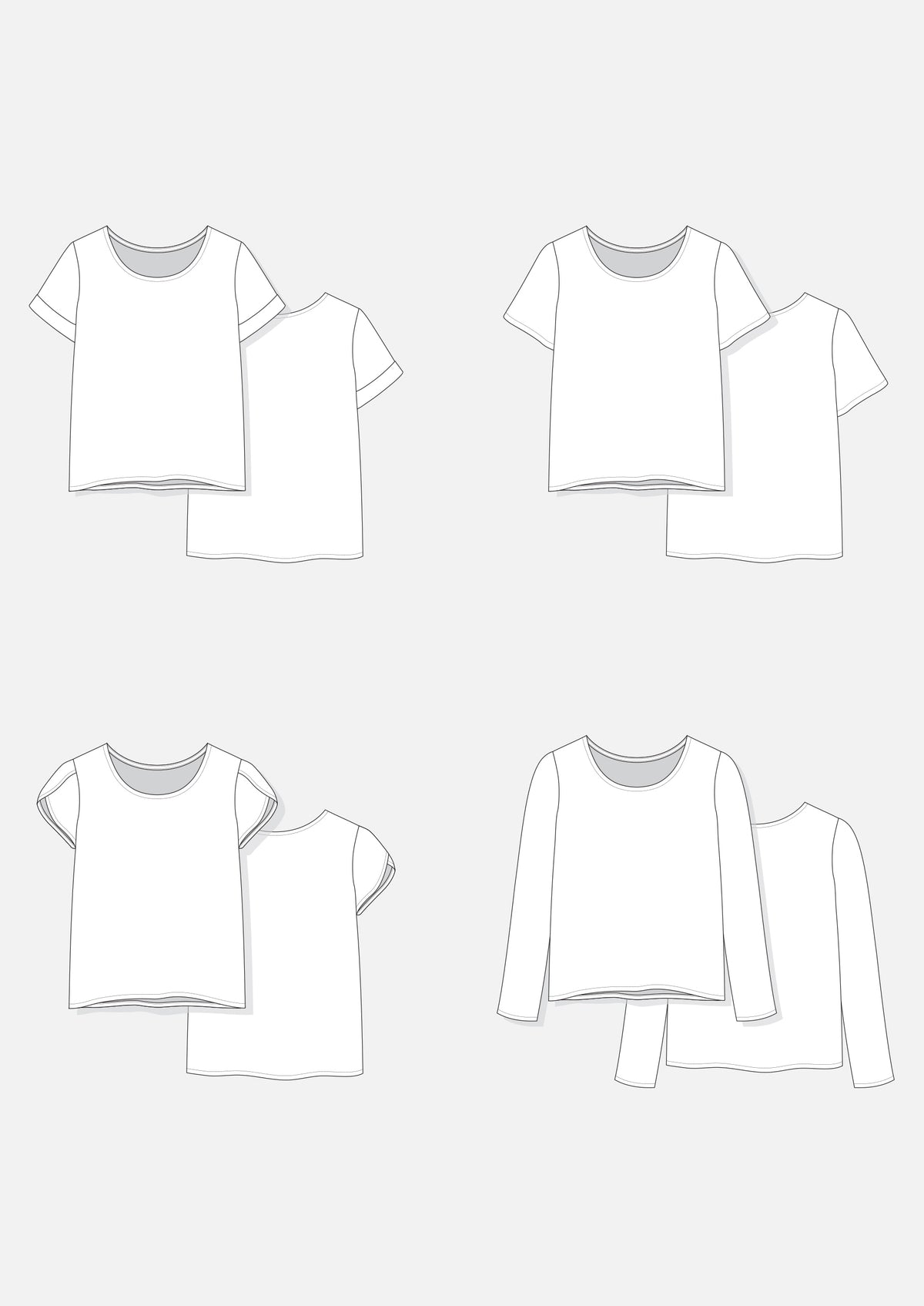 Flat technical illustrations showing all four Scout Tee sleeve styles.