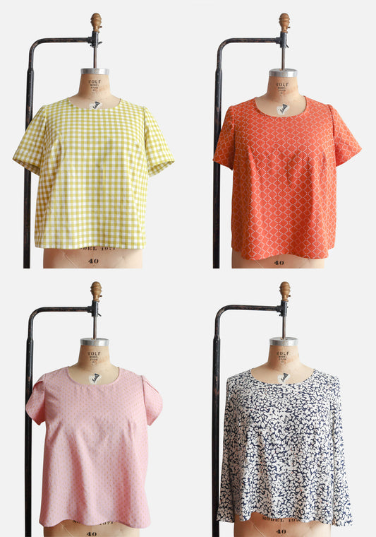 Scout Tee shown in all four sleeve styles‚ short, cuffed, petal, and long‚ each on a dress form.
