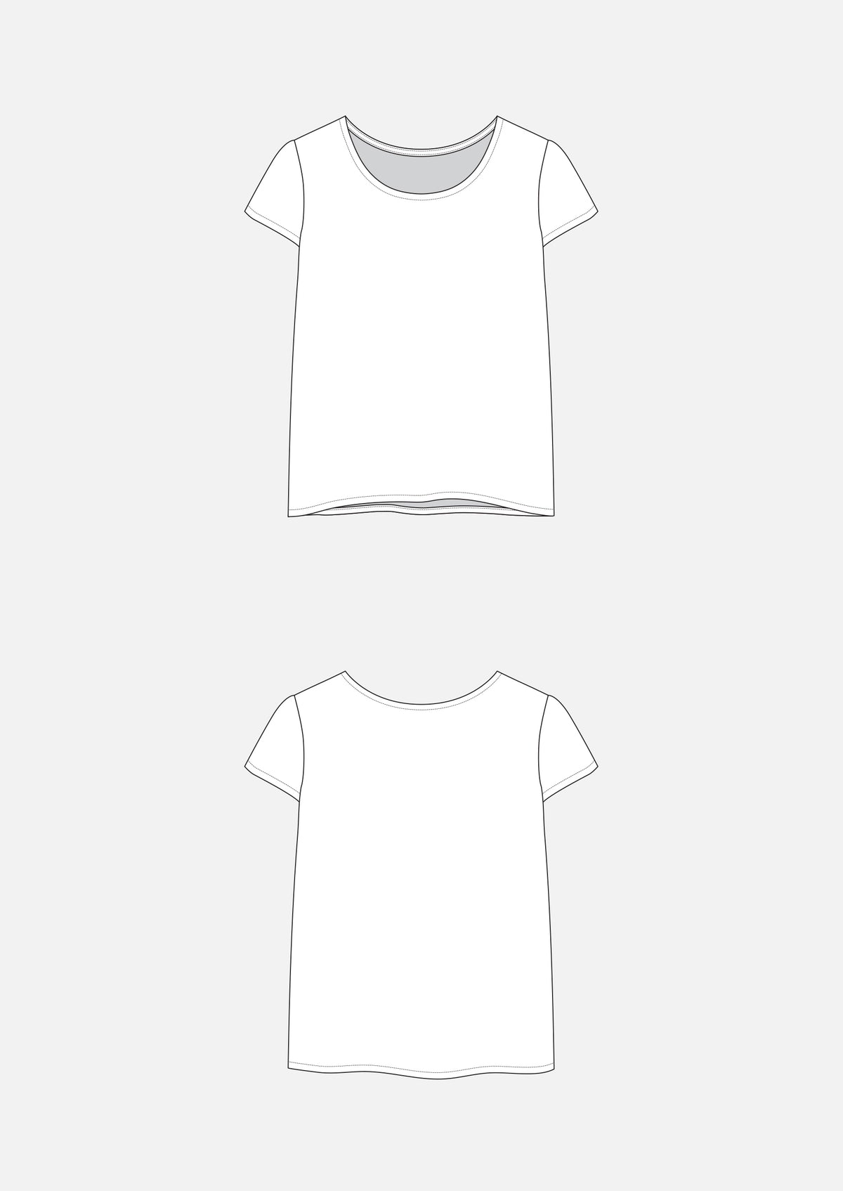 Technical flats of the Scout Tee showing front and back views with short sleeves and scoop neck.