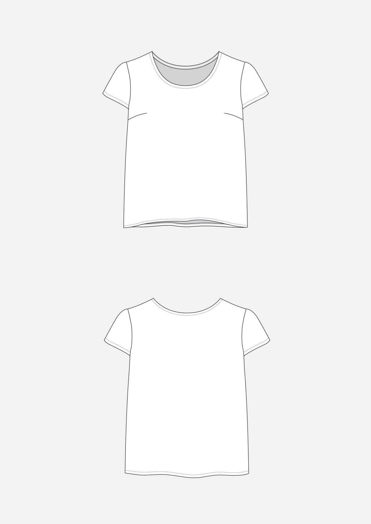 Flat illustrations of the Scout Tee showing front and back views with short sleeves and a curved hem.