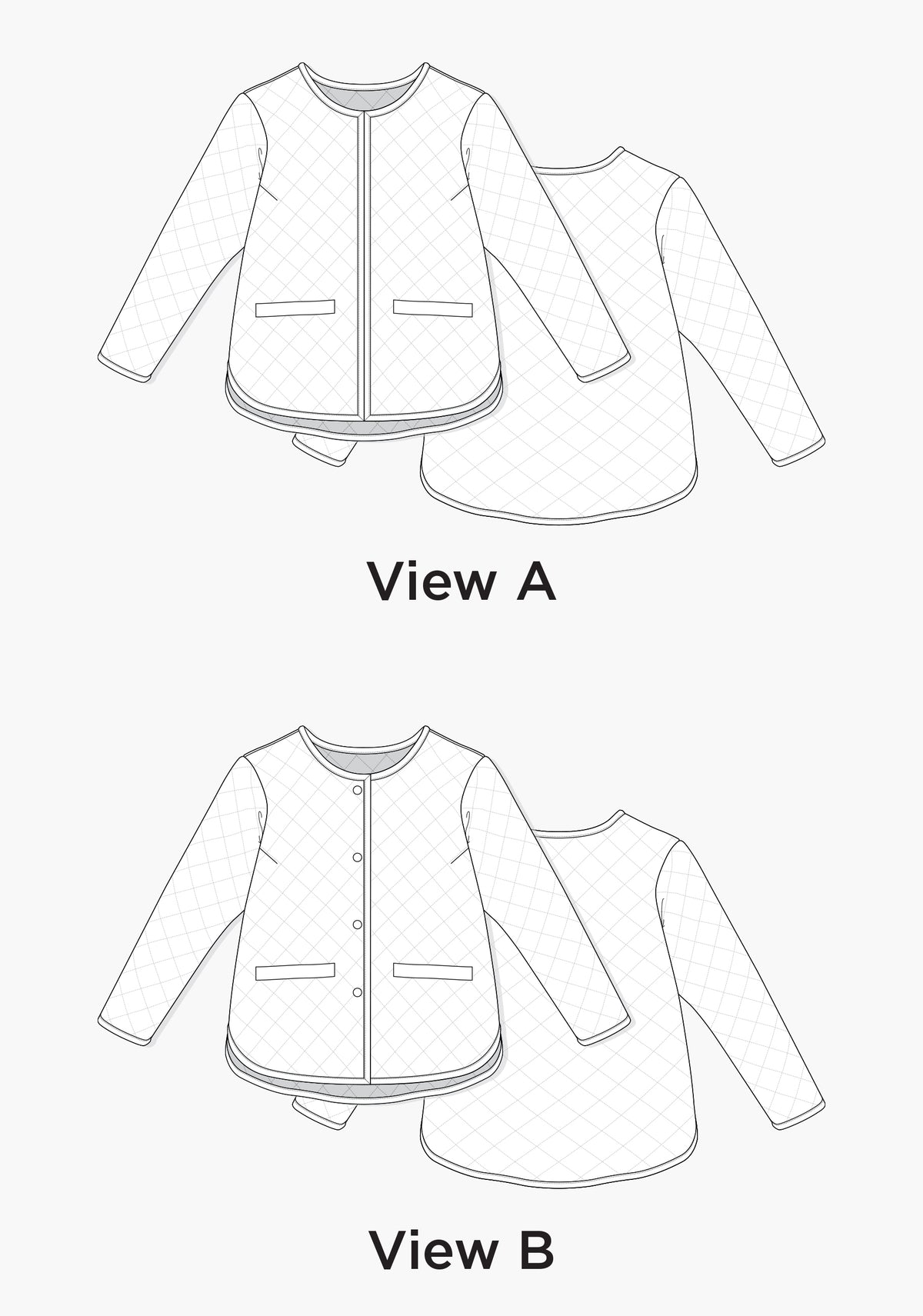 Technical flats of the Tamarack Jacket with front welt pockets and curved hem, shown with binding and snap variations.