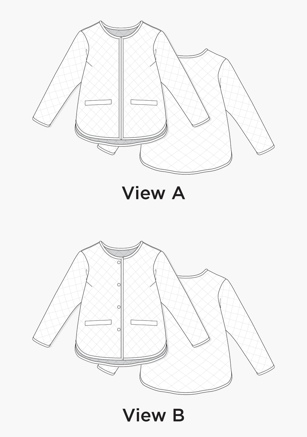Technical flats of the Tamarack Jacket with front welt pockets and curved hem, shown with binding and snap variations.