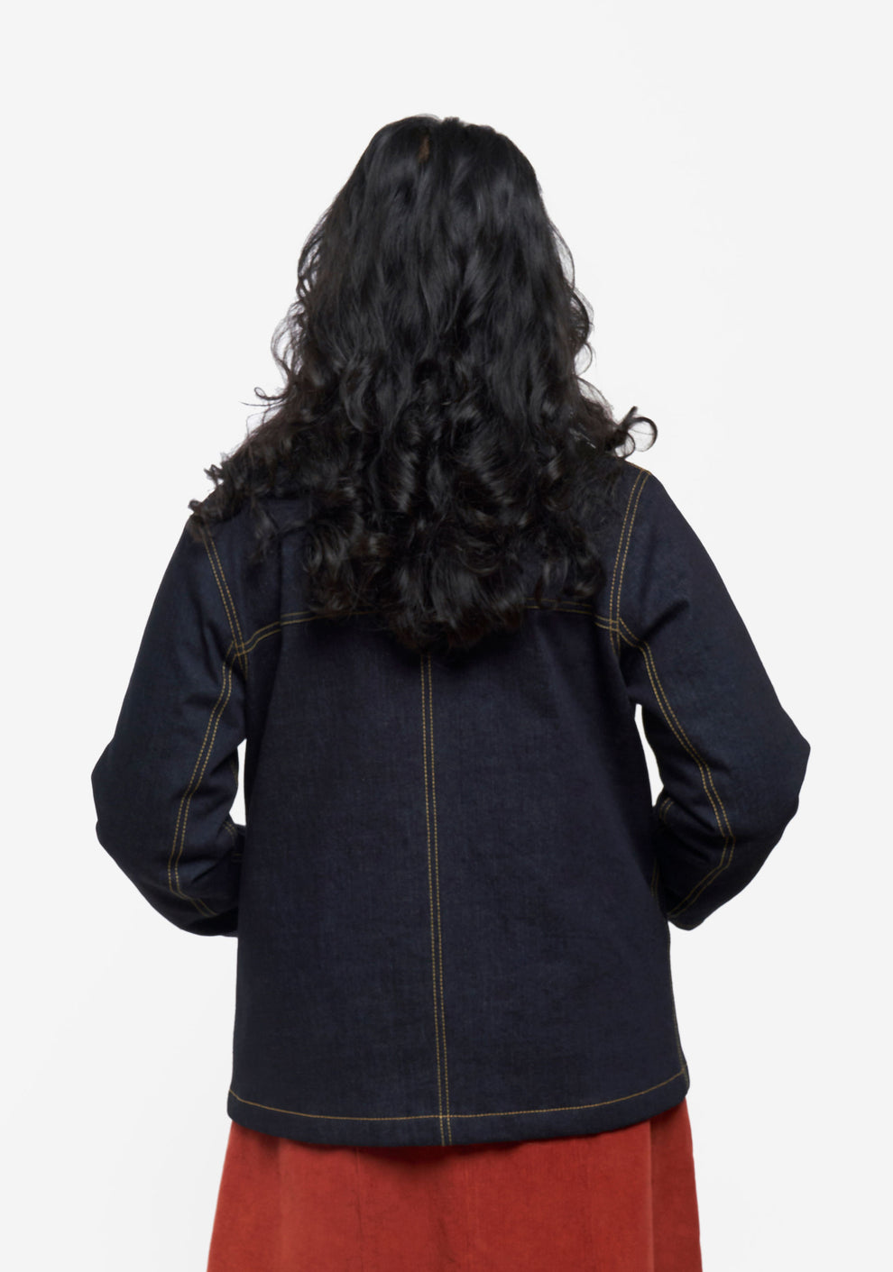 Back view of Thayer Jacket showing center back seam and yoke detail.