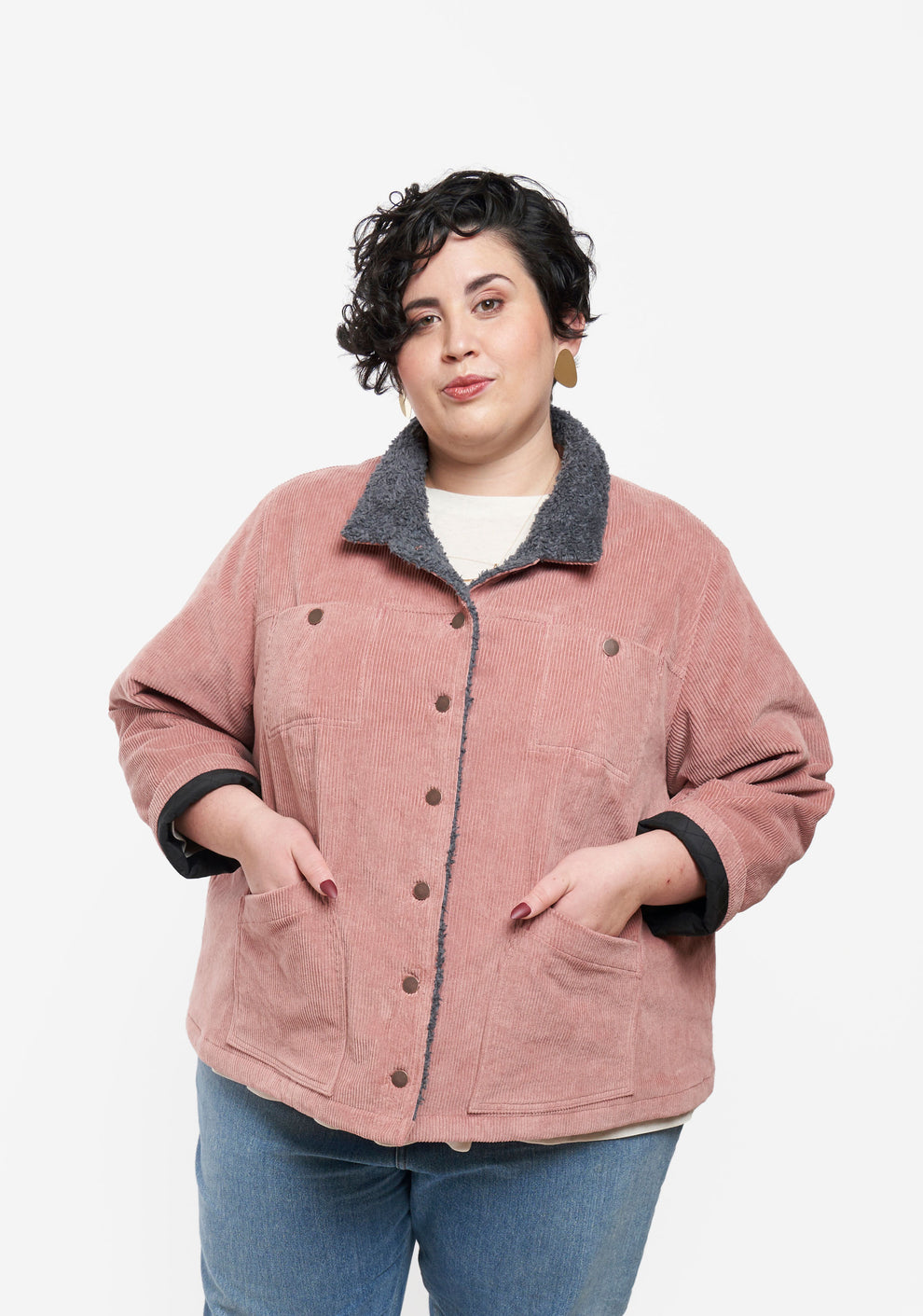 Close-up front view of Thayer Jacket highlighting button closure and patch pockets.