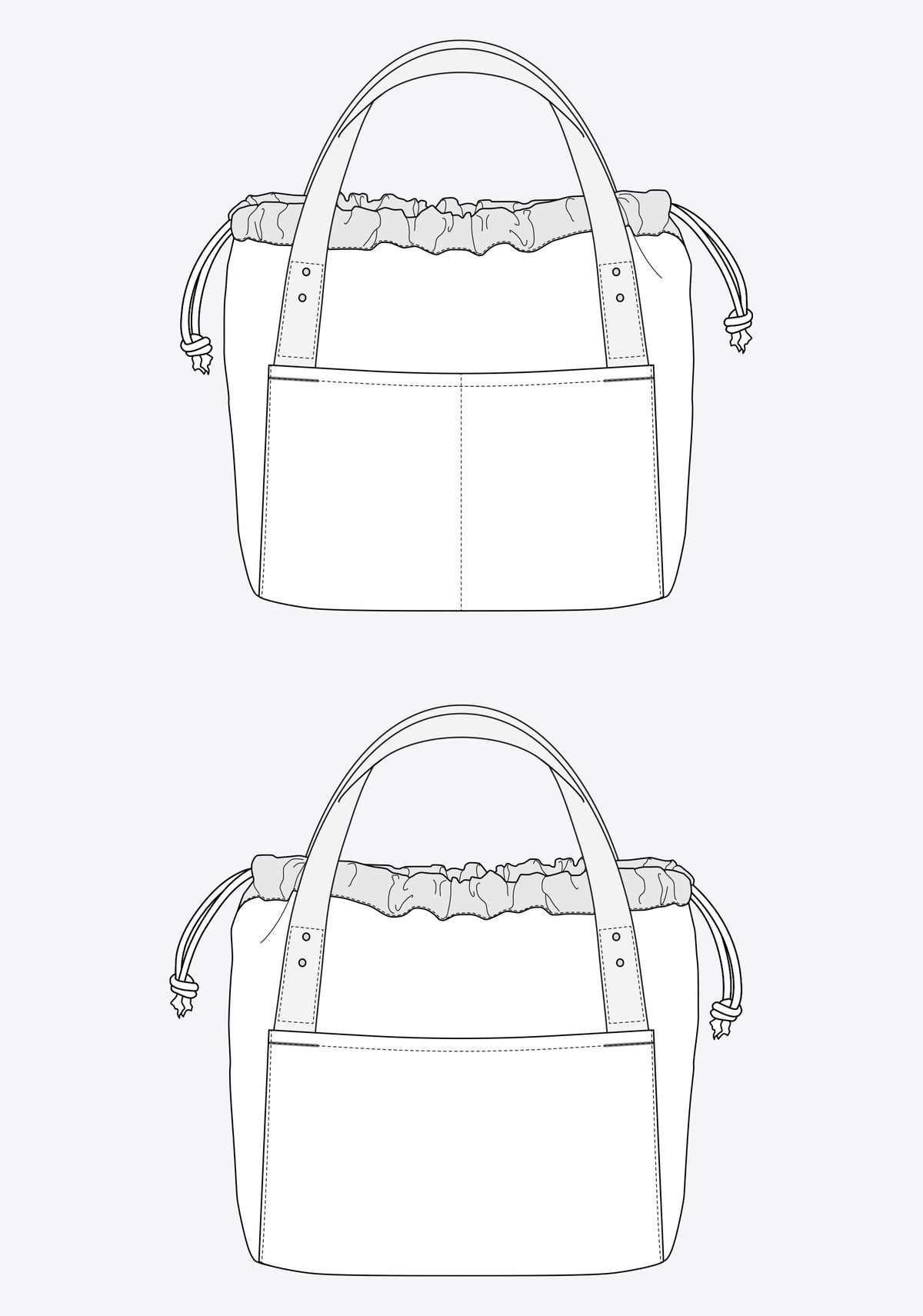 Two flat technical illustrations of the Town Bag showing front and three-quarter views with drawstring closure.