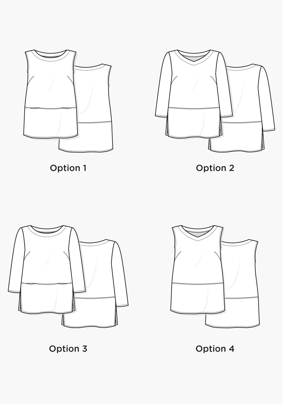 Line drawings of four tunic options showing different necklines, sleeve lengths, and seam placements.