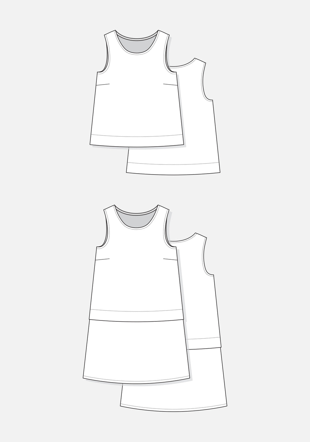 Flat sketch of Willow Tank and Dress showing A-line silhouettes, bust darts, and drop-waist seam option.